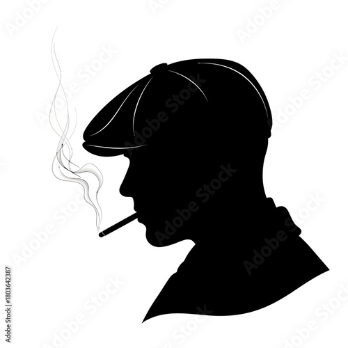 Stylish silhouette of a man wearing a classic flat cap, exhaling smoke from a cigarette, evoking a timeless and mysterious persona