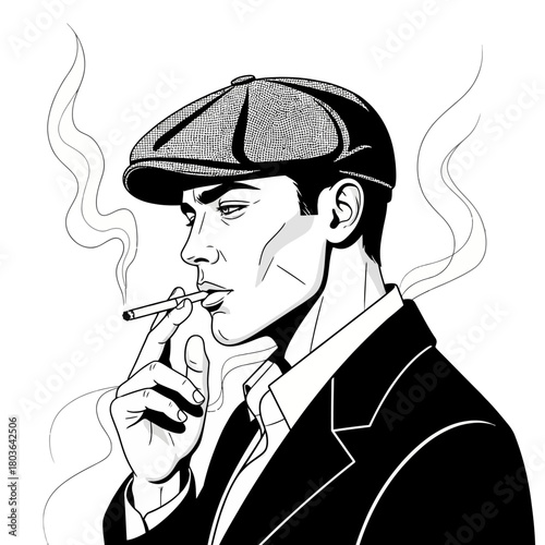 Enigmatic film noir detective in a fedora hat smoking a cigarette in the shadowy city night, a classic mystery illustration