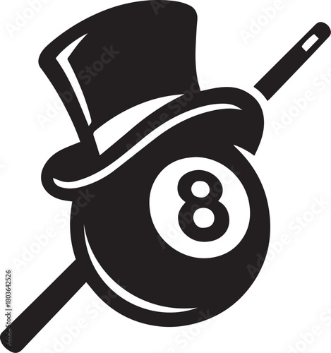 8-Ball Vector Illustration with Top Hat and Pool Cue for Billiards Branding, Game Promotion, and Stylish Sports Design