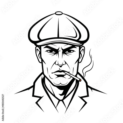 Monochrome illustration of a serious man in a flat cap, smoking. His intense, determined gaze and stern expression convey a powerful character and resolute presence