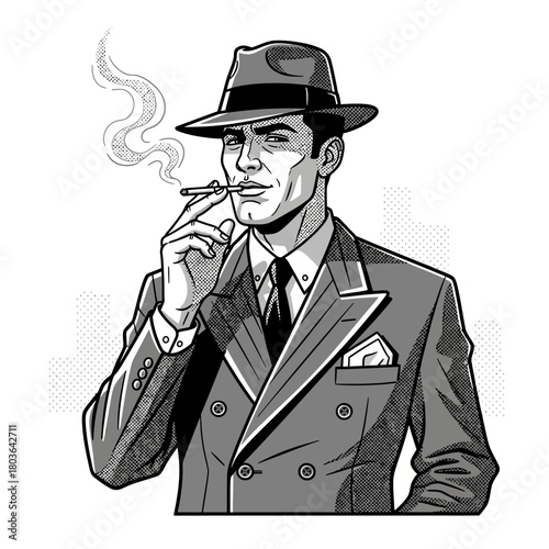Monochrome illustration of a mysterious man in a fedora, smoking a cigarette, embodying classic noir elegance and a sophisticated, timeless charm