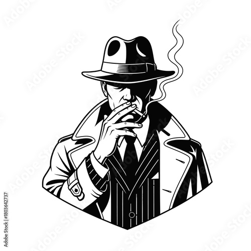 Striking monochrome illustration of a shadowed figure, a classic private eye in a fedora and trench coat, holding a cigarette, capturing the essence of vintage mystery and intrigue