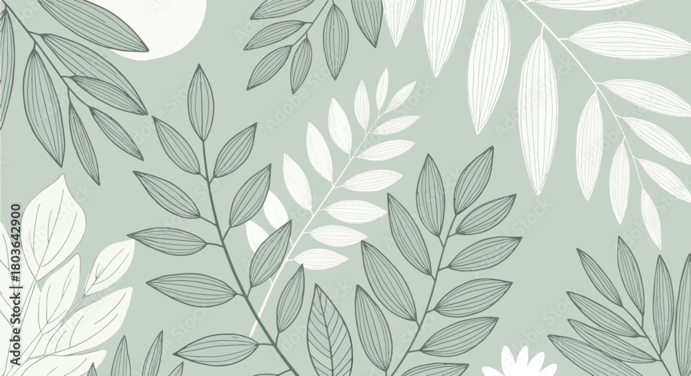 Fototapeta premium Minimalist botanical pattern with hand-drawn leaves and branches on a sage green background