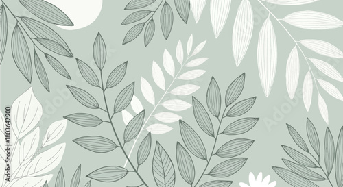 Minimalist botanical pattern with hand-drawn leaves and branches on a sage green background