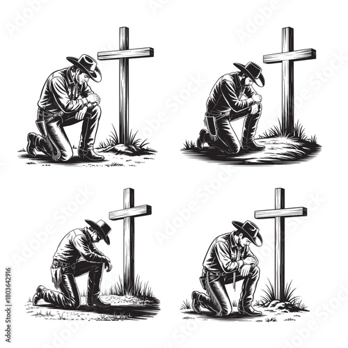 Cowboy kneeling in prayer beside a wooden cross on grassy ground praying