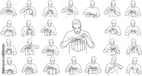 Line art illustration set showing a man wrapping or unwrapping a gift box, with multiple poses depicting the process of tying a bow, opening, and presenting a gift.