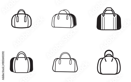 Collection of six different duffel bag illustrations for travel leisure and athletic activities providing design options for various purposes