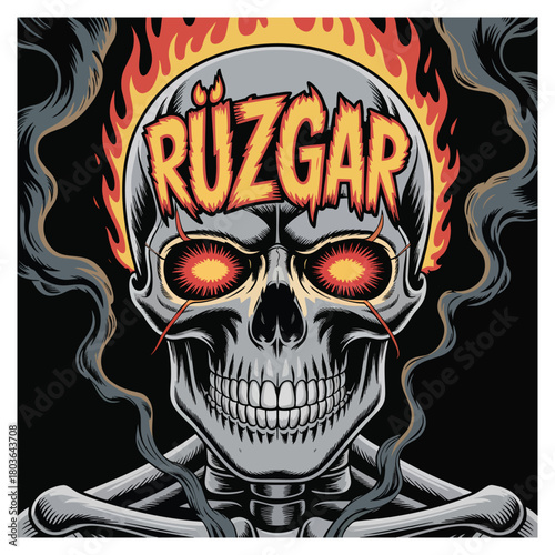 Flaming Skull with Glowing Red Eyes and Smoke on Black Background fire flames