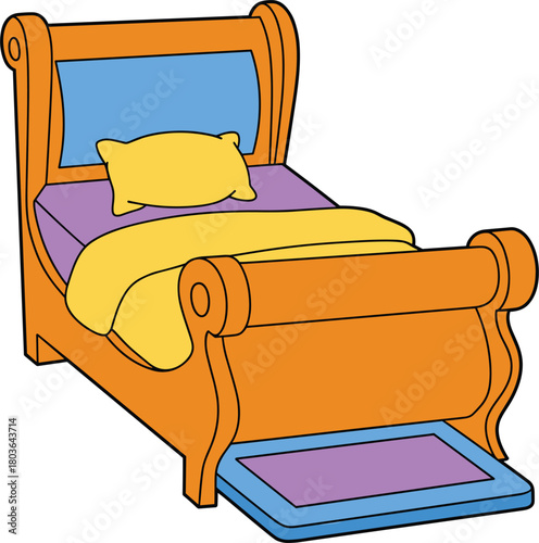 Cartoon wooden bed with purple and yellow bedding and pillow furniture bedroom