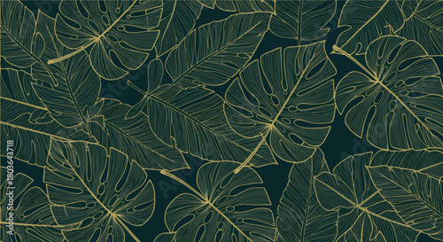 Tropical jungle foliage pattern, dark green and gold leaf illustration