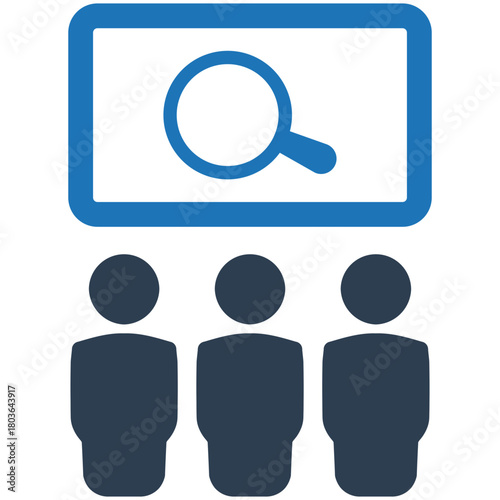 Information Gathering Meeting: A stylized illustration depicting a team of individuals observing a presentation board, with a magnifying glass graphic symbolizing research and analysis.