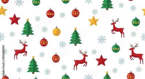Seamless Pattern of Christmas Icons Trees, Reindeer, Ornaments, and Snowflakes