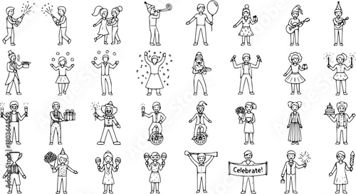 Diverse People Celebrating and Partying Line Art Icon Set. Hand-drawn illustrations of festive characters for holidays, birthdays, events, music, magic, and fun activities.