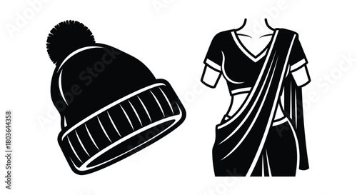 Black and white vector illustration of winter hat and saree fashion