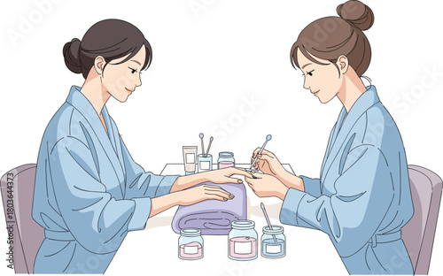 Professional manicure session illustration with nail technician painting client’s nails in spa robes, beauty salon service, self-care and relaxation concept artwork