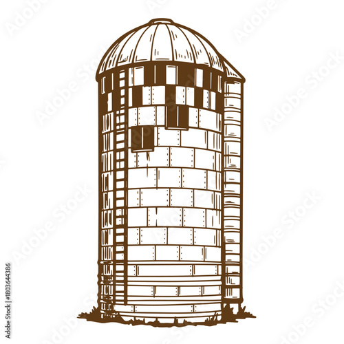 Detailed vintage farm silo sketch illustration representing agriculture and rural farming lifestyle