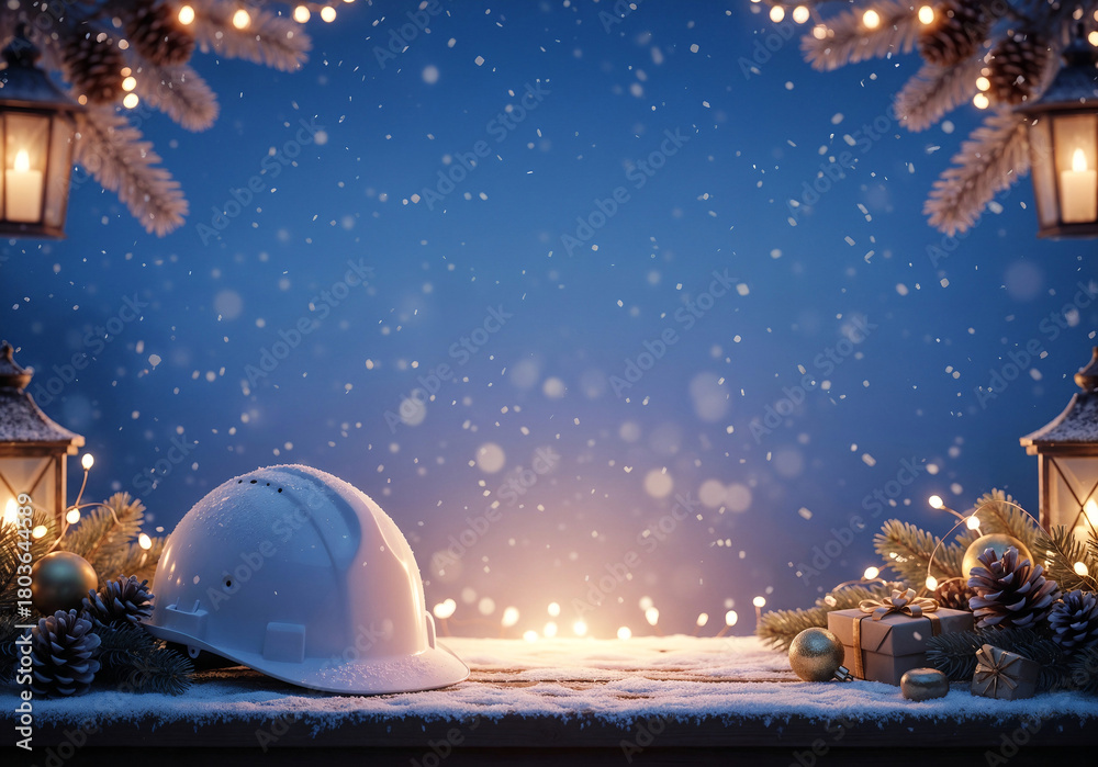 Naklejka premium New Year's card with a construction helmet and decorations. Generative AI