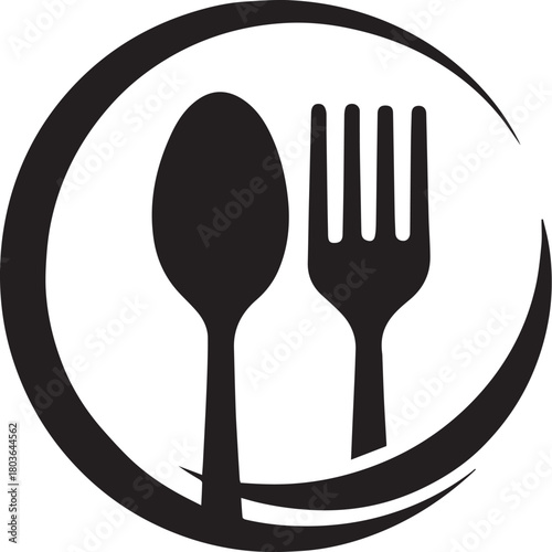 Culinary Emblem: A minimalist and elegant emblem, featuring a spoon and fork, the essentials of dining, inside a stylish curved frame, evoking the essence of culinary experience.