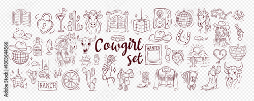 Western icon set in doodle style with cowgirl, cowboy and bachelorette party elements — hat, boot, horseshoe, disco ball. This playful cowgirl doodle suits stickers, prints or party design.