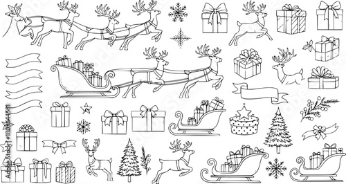 Hand-drawn Christmas Doodles Set with Reindeer, Sleighs, Gift Boxes, Snowflakes, and Trees - Festive Holiday Design Elements