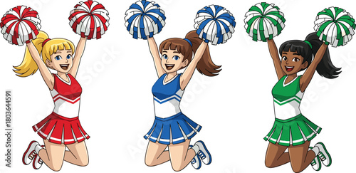 Three energetic cheerleaders jumping with colorful pom-poms, vibrant teamwork illustration showing enthusiasm, school spirit, athletic performance, and dynamic cheerleading action