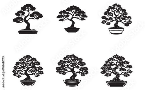 Collection of Six Stylized Bonsai Tree Illustrations in Silhouette on White Background for Design Projects and Crafts