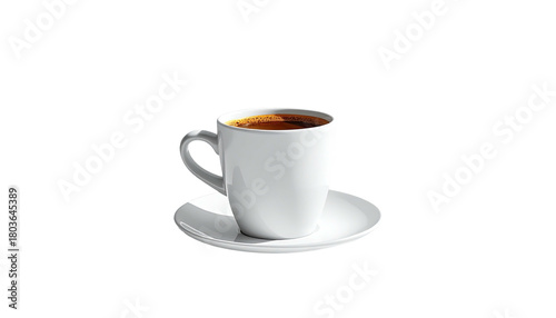 White cup of coffee on saucer, stark background