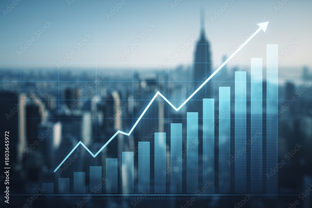 Fototapeta premium Abstract financial growth graph overlaying a city skyline, symbolizing economic progress and data-driven decision making. Concept of analytics and market trends.