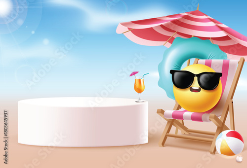Summer white podium clipart template design. Summer podium clip art for tropical promotion display with beach umbrella, chair, cool emoji character, floater and ball elements in blue sky background 