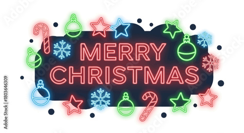 Vibrant Merry Christmas Neon Light Banner with Holiday Symbols