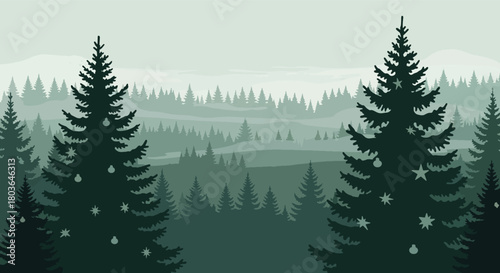 A serene forest scene featuring evergreen trees in a misty, layered landscape.