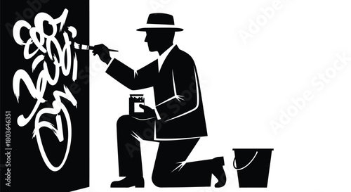 Illustration of artist painting graffiti with brush and bucket vector