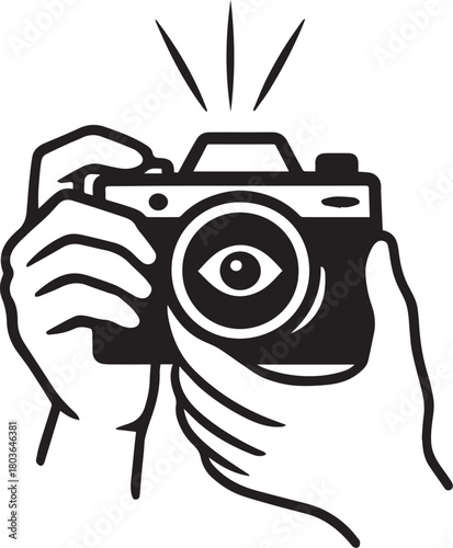 Capture the Moment: Artistic representation of a camera with an eye in the lens, held in hands, capturing the essence of observation.
