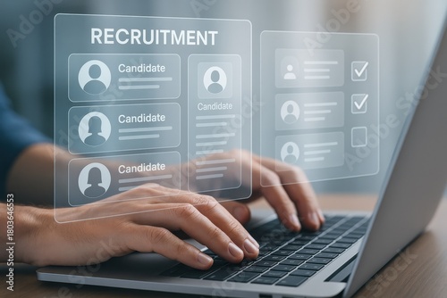 Recruiter reviewing digital candidate profiles on a laptop, symbolizing virtual hiring processes and modern recruitment technology. Concept of talent acquisition and digital transformation.