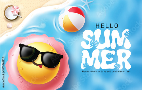 Hello summer greeting clipart banner design. Hello summer text clip art with cool and naughty emoji character wearing sunglasses for summer vacation poster card template beach background vector 