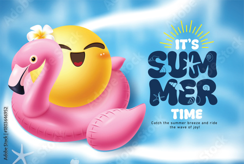 Summer time greeting clipart design. It's Summer time text clip art with pink floater flamingo and happy face emoji character in tropical beach background poster card template vector illustration.
