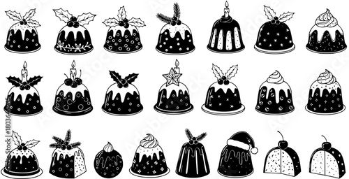 A diverse collection of black and white Christmas pudding and festive dessert illustrations, perfect for holiday season designs.