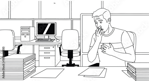 Employee overwhelmed by paperwork in office cartoon illustration