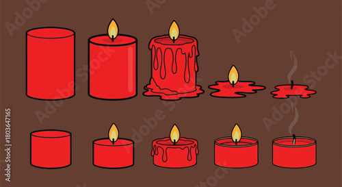 Red candle burning stages illustration wax flame light time lapse art