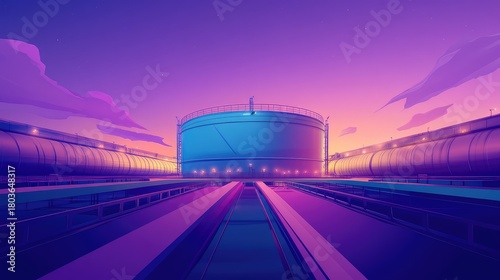 Industrial oil refinery with storage tank and pipelines at sunset