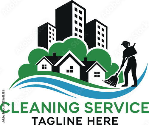 Professional Cleaning Service Logo Design Featuring Woman with Mop in Residential Area