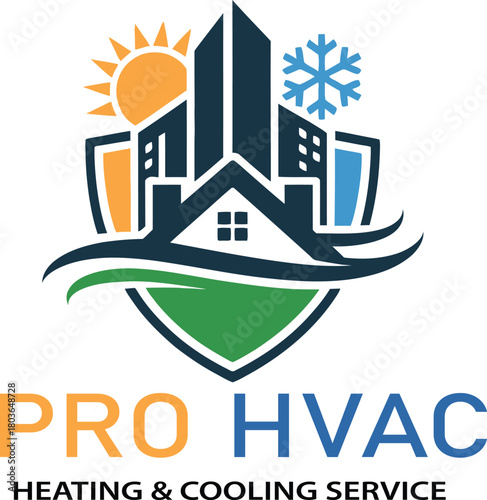 Professional HVAC Heating and Cooling Service Logo with Sun and Snowflake Elements