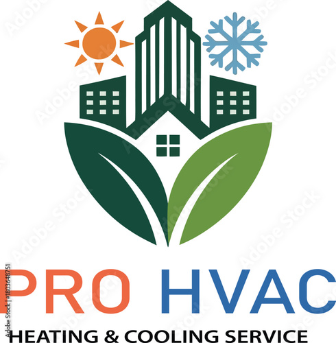 Pro HVAC heating and cooling service logo featuring sun buildings and snowflake