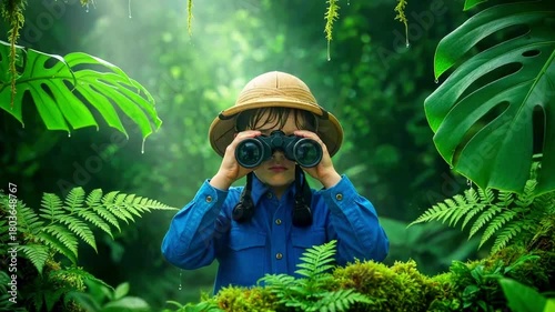 A young explorer, clad in a safari hat, peers through binoculars in a verdant jungle