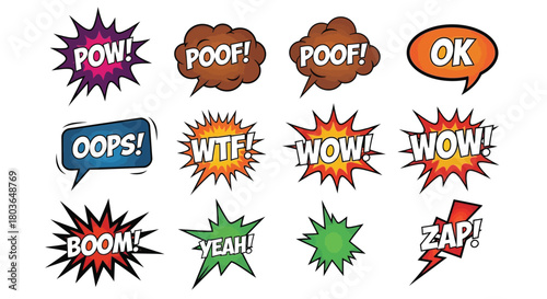 Comic speech bubbles vector illustration set with cartoon words pow