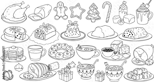 Christmas Feast Line Art: Festive Holiday Foods and Treats Illustration