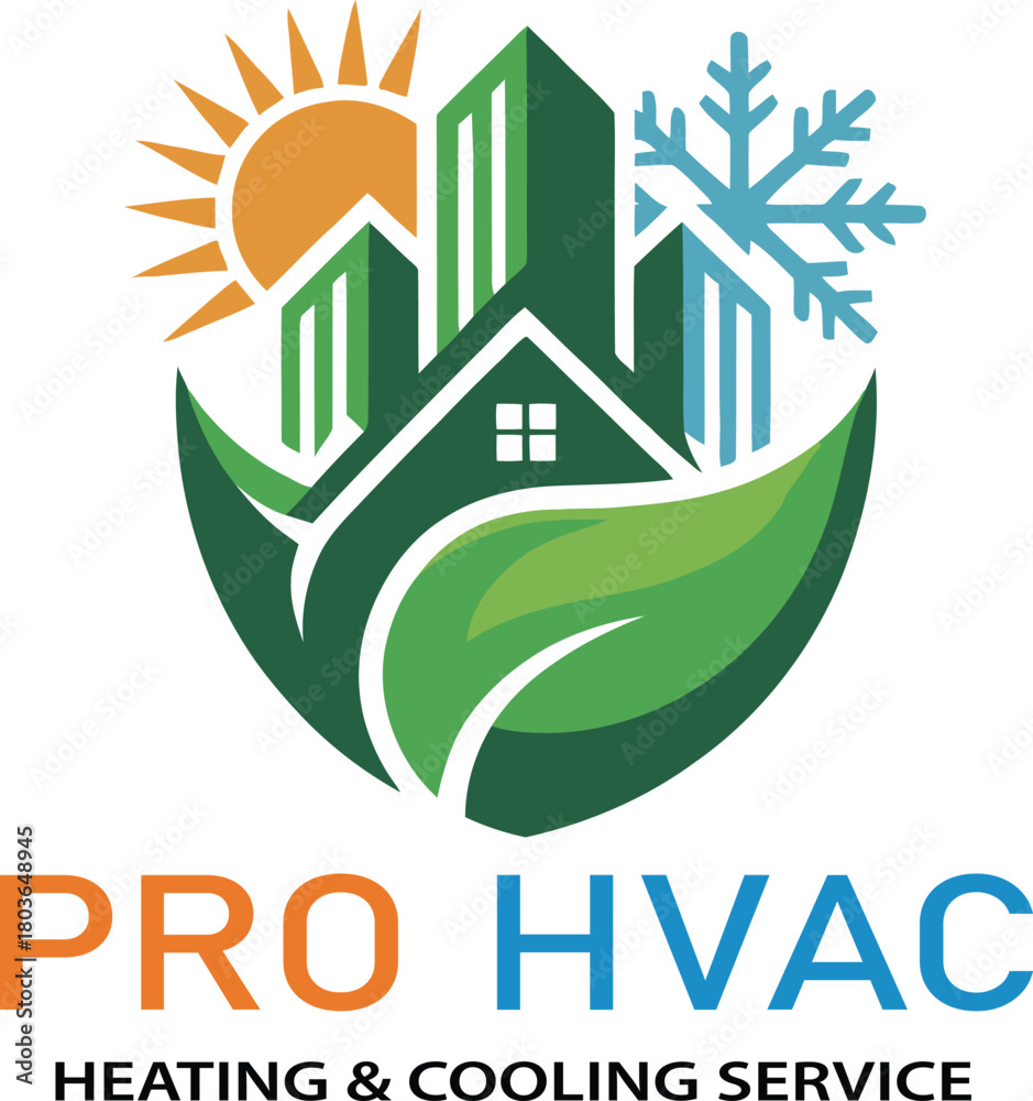 Fototapeta premium Professional HVAC logo with sun snowflake leaf and modern buildings design