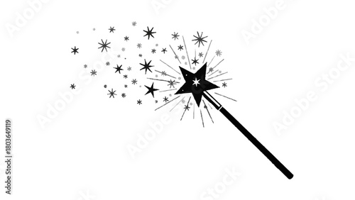 Vector illustration of black and white illustration of a magic wand with sparkling stars emanating from it, isolated on transparent background 