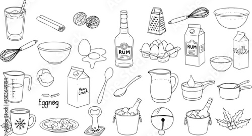 Eggnog Ingredients: Hand-Drawn Vector Illustration with Rum, Eggs, Milk, Spices, and Festive Elements