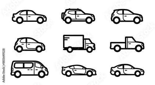 Different types of vehicles cars trucks vans suv icons vector graphics